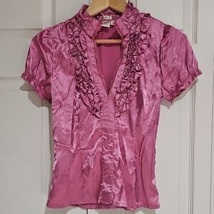Studio Y Pink Satin Ruffle Front Blouse Size S